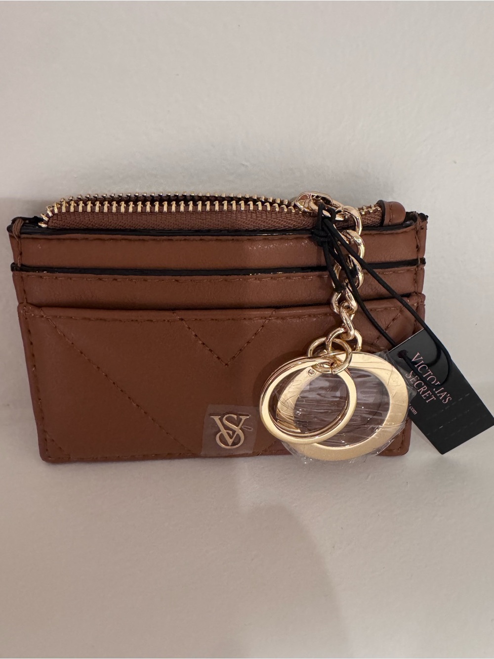 Victoria's Secret Tan Quilted Card Holder with Gold Keyring NWT